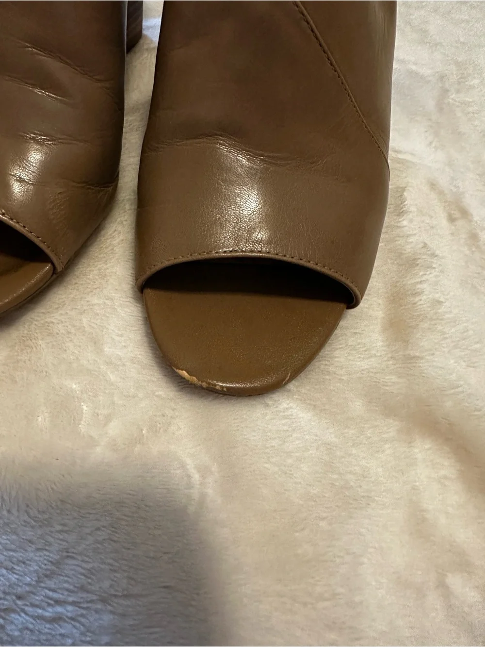 Franco Sarto Brown Leather Peep-Toe Wedge Mules
